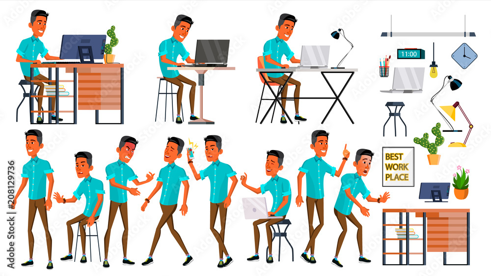 Office Worker Vector. Face Emotions, Various Gestures. Adult Business Male. Successful Corporate Officer, Clerk, Servant. Isolated Flat Character Illustration Office Worker Vector. Face Emotions, Various Gestures. Adult Business Male. Successful Corporate Officer, Clerk, Servant. Isolated Flat Character Illustration
