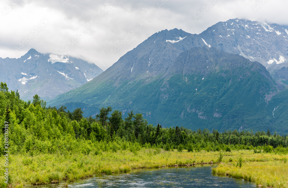 Fototapeta premium High Mountain Peaks Over Alaska's Eagle River