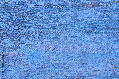 An old wooden board with dried blue paint. Close-up. Background. Texture.