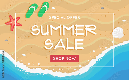 Summer sale banner with a beach scene. Vector illustration in flat style, design template