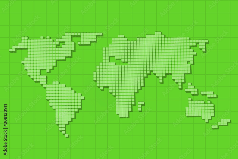Green screen digital world map on grid background.