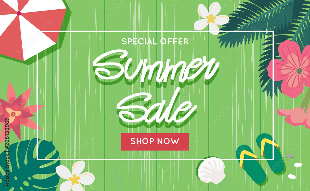 Summer sale banner template with wooden background, flowers, palm leaves, flip flops. Vector illustration in flat style