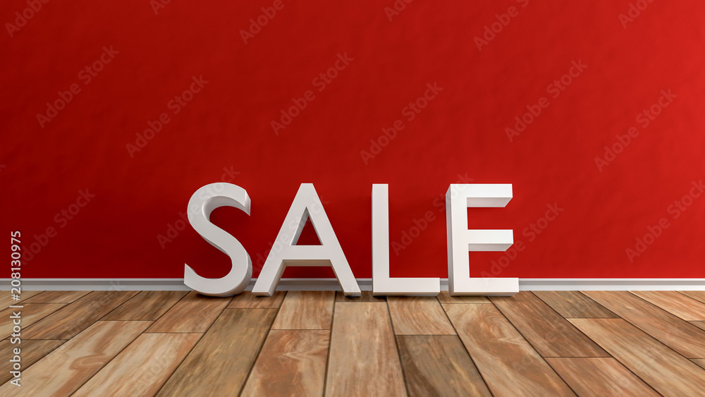 White sale lettering in front of a red wall in a room with wooden floor, 