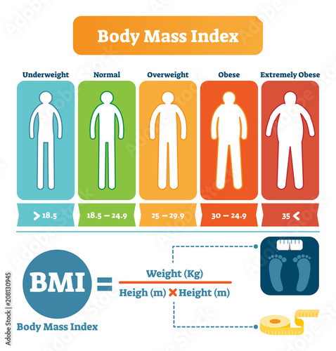 Body mass index table with BMI formula example. Health care and fitness informative poster. Human silhouette from underweight to overweight and obese. photo