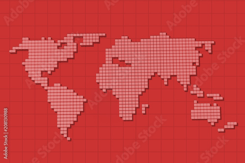 Red screen digital world map on grid background.