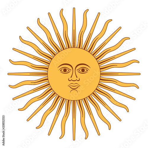 Sun of May, Spanish Sol de Mayo, a national emblem of Argentina on the country flag. Radiant golden yellow sun with a face and sixteen straight and sixteen wavy rays. Illustration over white. Vector.