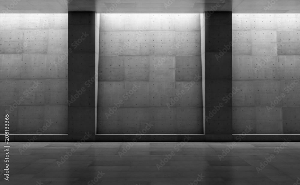 Abstract concrete showroom with columns. Modern geometric design. Gray floor and wall background. 3d rendering Abstract concrete showroom with columns. Modern geometric design. Gray floor and wall background. 3d rendering