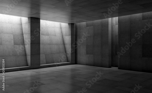 Abstract concrete showroom with columns. Modern geometric design. Gray floor and wall background. 3d rendering