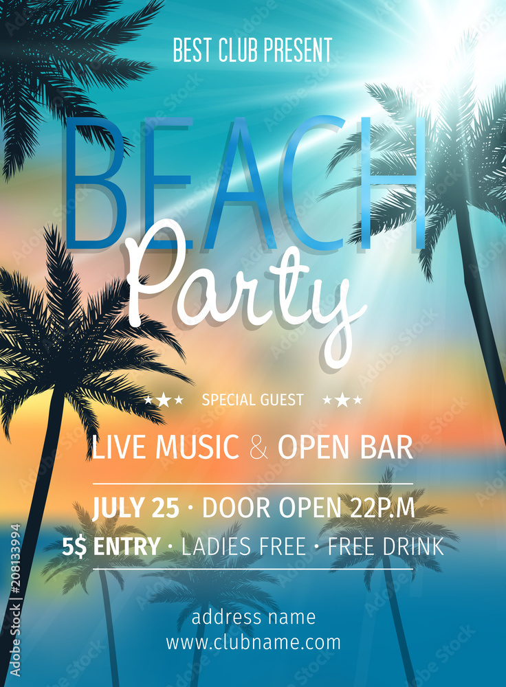 Naklejka premium Summer party invitation template invitation. Pool and beach party invitation with umbrellas, balls, swim ring, sunglasses, surfboard, hat, and sandals. Poster or flyer Summer party vector design.