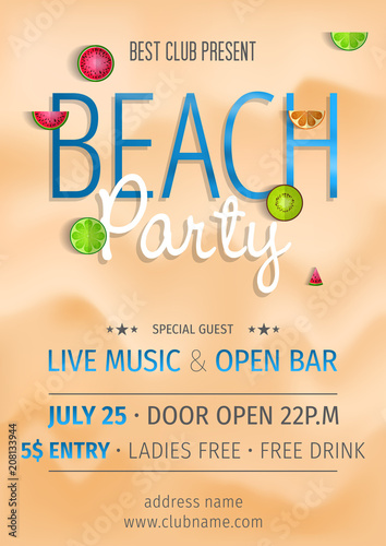 Summer party invitation template invitation. Pool and beach party invitation with umbrellas, balls, swim ring, sunglasses, surfboard, hat, and sandals. Poster or flyer Summer party vector design.