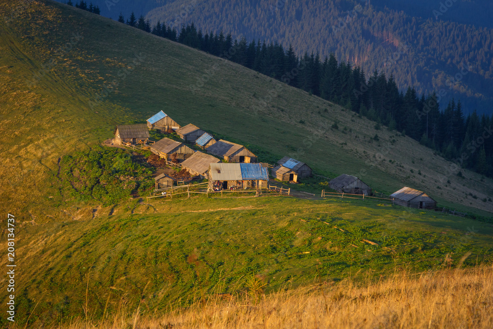 Houses in the mountains on the Polonin in the Carpathians. Ukraine
