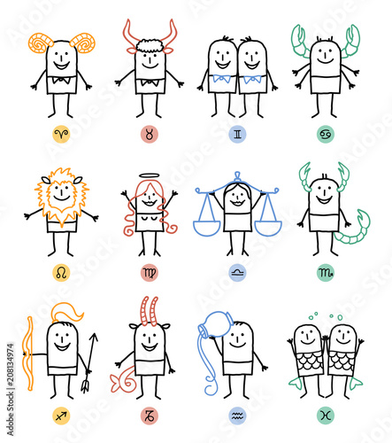 Twelve Zodiac Cartoon Characters Signs