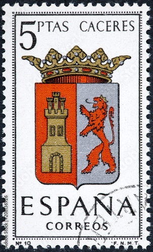 stamp printed in Spain dedicated to Arms of Provincial Capitals shows Caceres