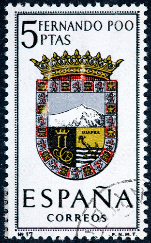 stamp printed in Spain dedicated to Arms of Provincial Capitals shows Fernando Poo