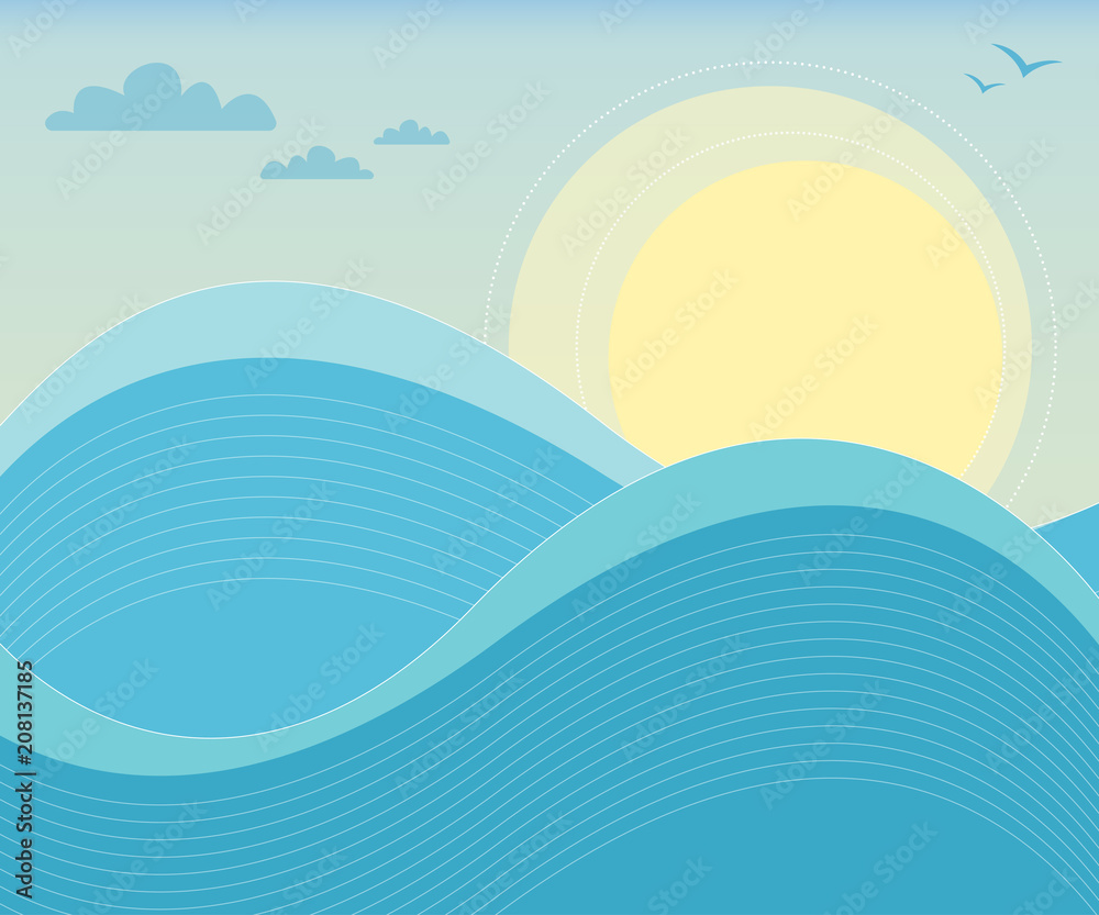 Fototapeta premium Sunny sky and ocean waves background in vector format