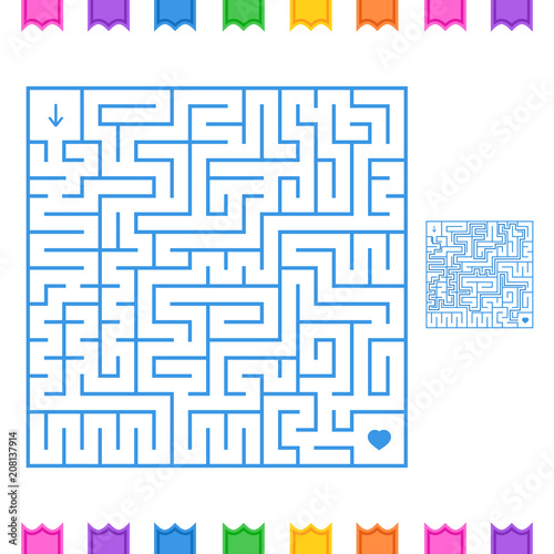 Abstract colored square maze. An interesting game for children and teenagers. Simple flat vector illustration isolated on white background. With the answer.