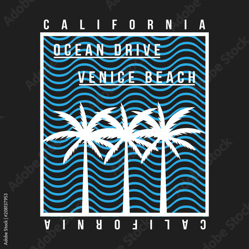 California, Venice beach typography for t-shirt. Summer design. T-shirt graphic with tropic palms and wave
