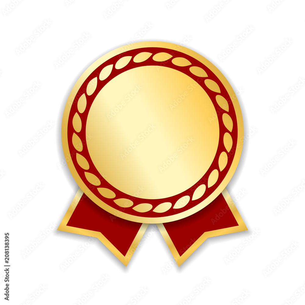 Award ribbon isolated. Gold red design medal, label, badge, certificate. Symbol best sale, price, quality, guarantee or success, achievement. Golden ribbon award decoration. Vector illustration Award ribbon isolated. Gold red design medal, label, badge, certificate. Symbol best sale, price, quality, guarantee or success, achievement. Golden ribbon award decoration. Vector illustration