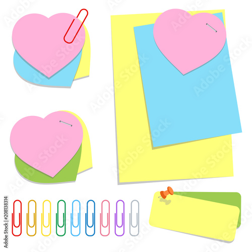 A set of colored office sticky sheets of different shapes, push pins and clips. Simple flat vector illustration isolated on white background.