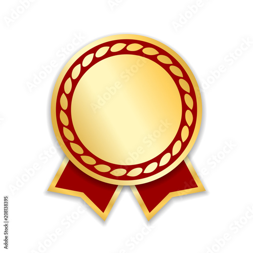 Award ribbon isolated. Gold red design medal, label, badge, certificate. Symbol best sale, price, quality, guarantee or success, achievement. Golden ribbon award decoration. Vector illustration
