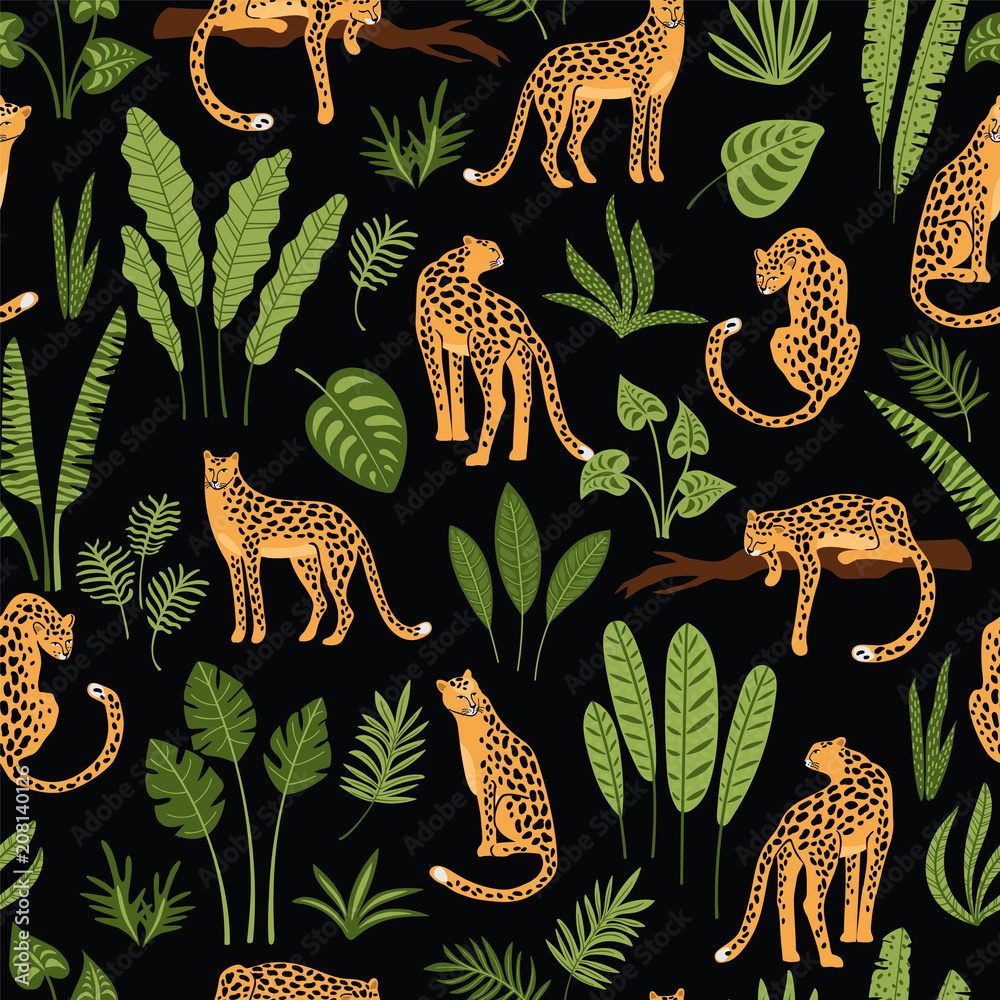 Vestor seamless pattern with leopards and tropical leaves.
