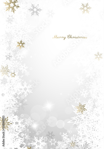 Christmas light background with golden and white snowflakes and Merry Christmas text - light version