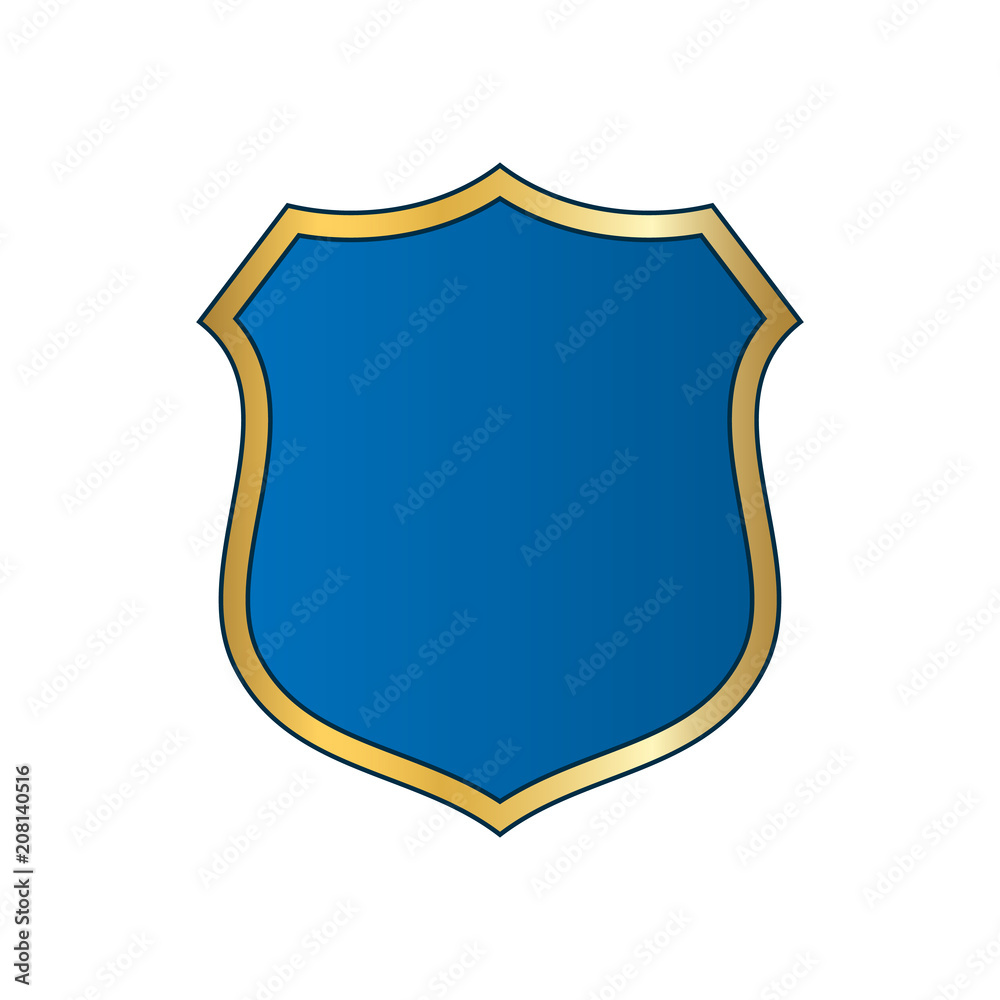 Gold-blue shield shape icon. Bright logo emblem metallic sign isolated on white background. Empty shape shield. Symbol of security, protection, defense. Shiny element design. Vector illustration Gold-blue shield shape icon. Bright logo emblem metallic sign isolated on white background. Empty shape shield. Symbol of security, protection, defense. Shiny element design. Vector illustration