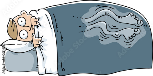 A cartoon man who cannot sleep because he's struggling with Restless Leg Syndrome feelings in his legs.