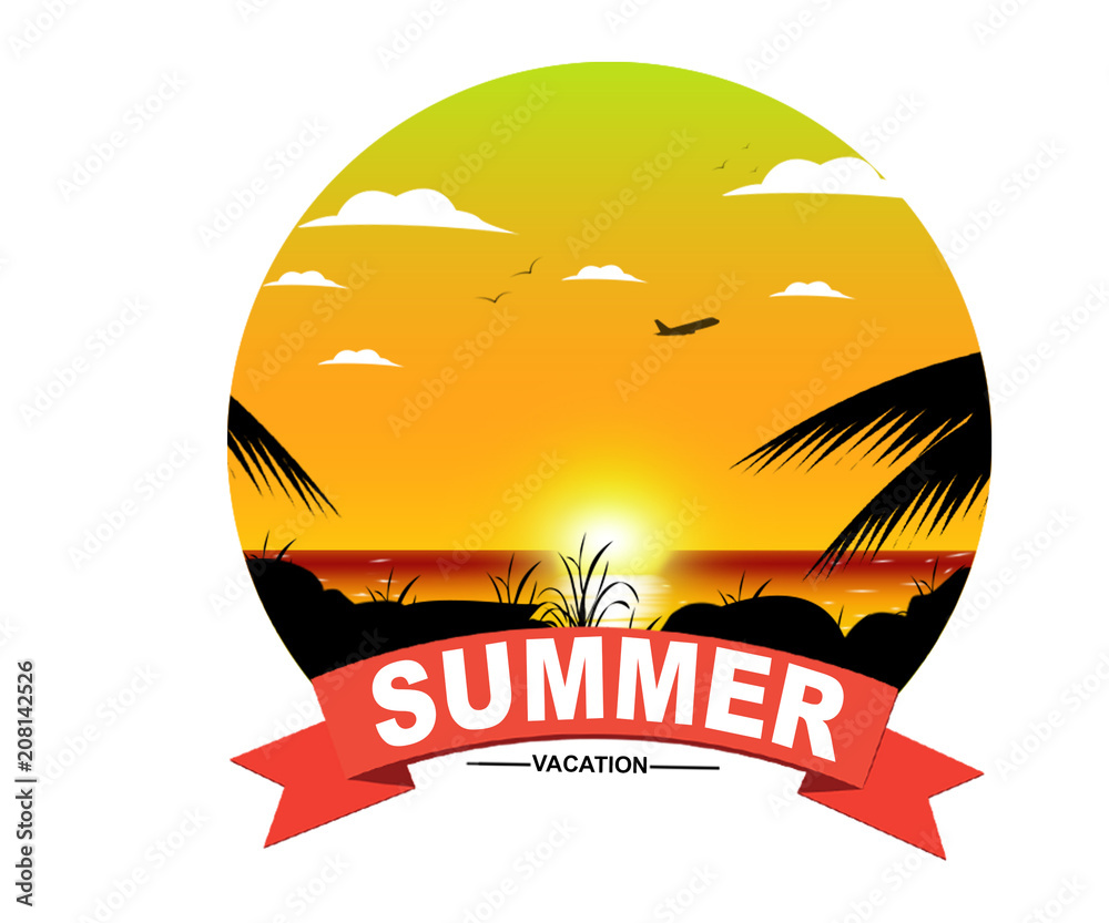 Summer tropical sunset background with text badge
