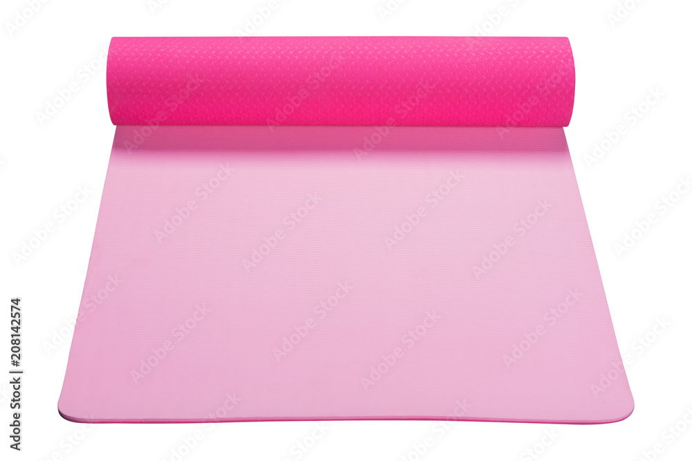 pink fitness mat or for yoga, a roll is slightly unwound, on a white background isolated pink fitness mat or for yoga, a roll is slightly unwound, on a white background isolated