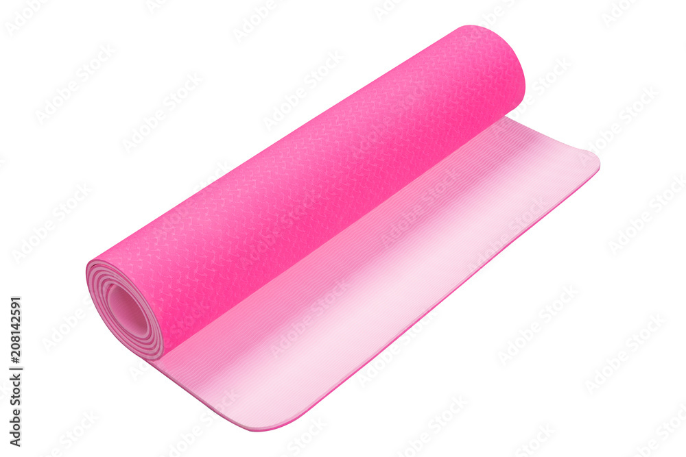 pink fitness mat or for yoga, a roll is slightly unwound, on a white background isolated pink fitness mat or for yoga, a roll is slightly unwound, on a white background isolated