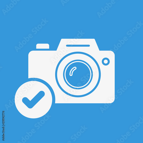 Photo camera icon, technology icon with check sign. Photo camera icon and approved, confirm, done, tick, completed symbol