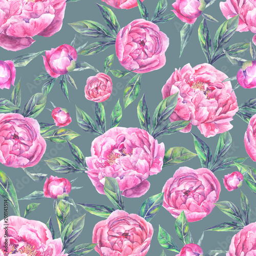 Watercolor hand drawn vintage seamless pattern with peony flowers and leaves