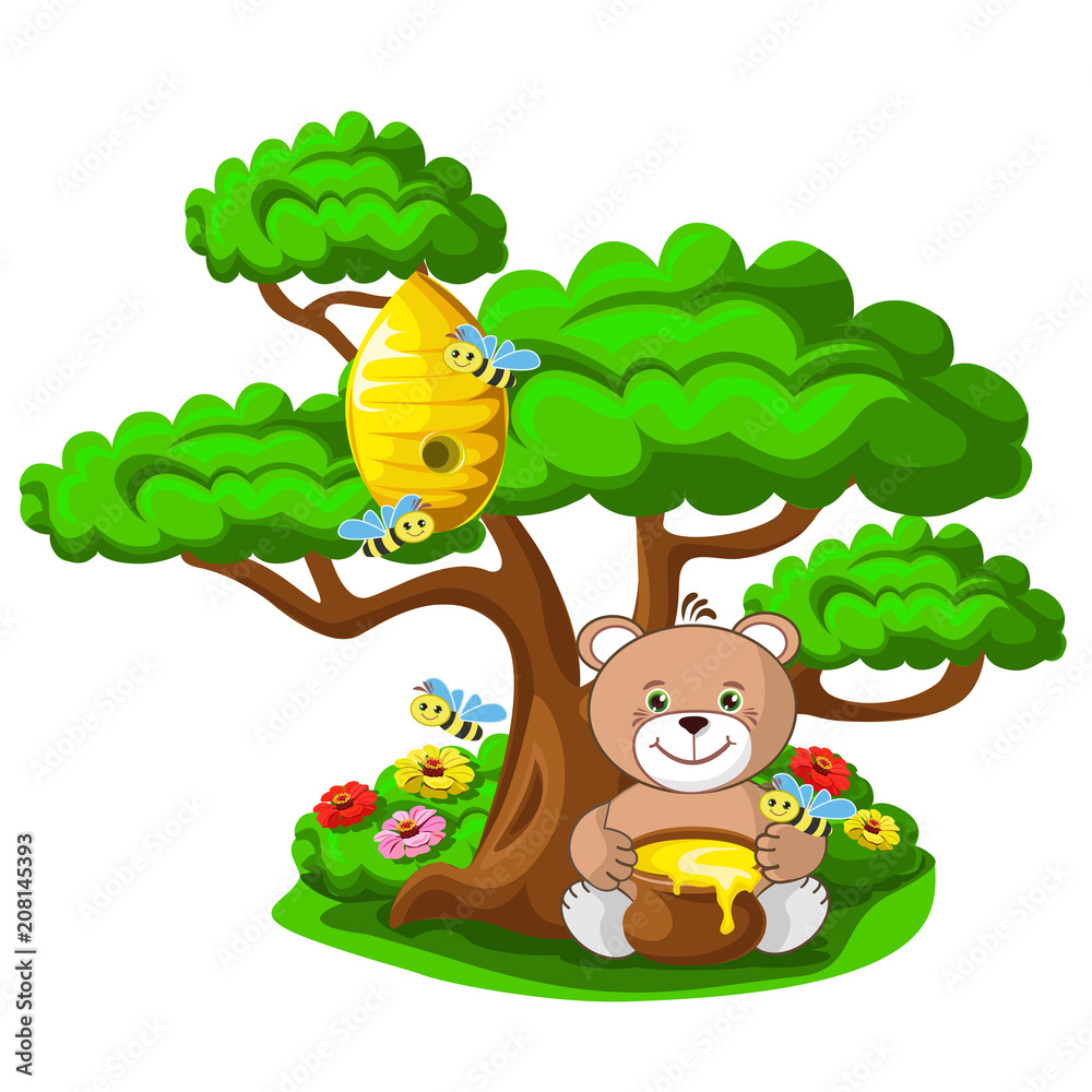 Naklejka premium teddy bear with a pot of honey and a beehive with merry bees