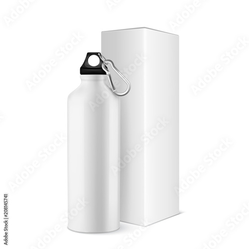 Vector realistic 3d white empty glossy metal water bottle with black bung and box closeup isolated on white background. Design template of packaging mockup for graphics. Front view