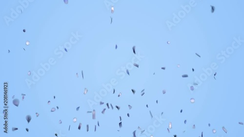 Blue pastel confetti explosion and fall down on blue background.