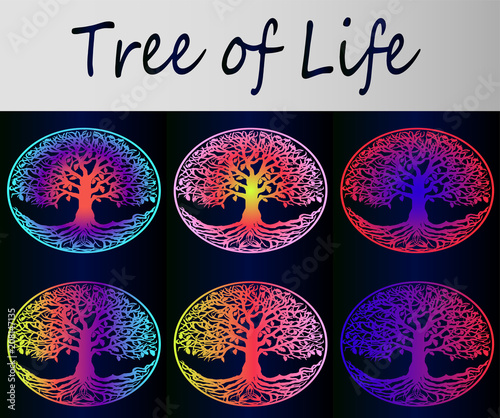 Set of bright neon rainbow tree of life on gradient background. Stylish amule...