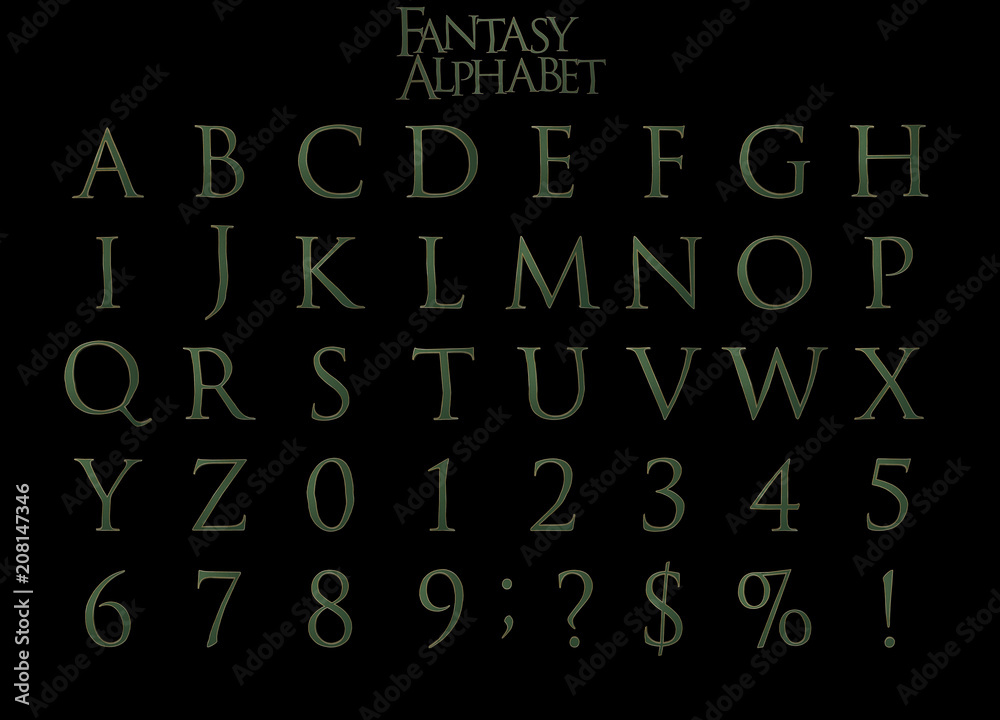 Green and Gold Fantasy Alphabet - 3D Illustration Green and Gold Fantasy Alphabet - 3D Illustration