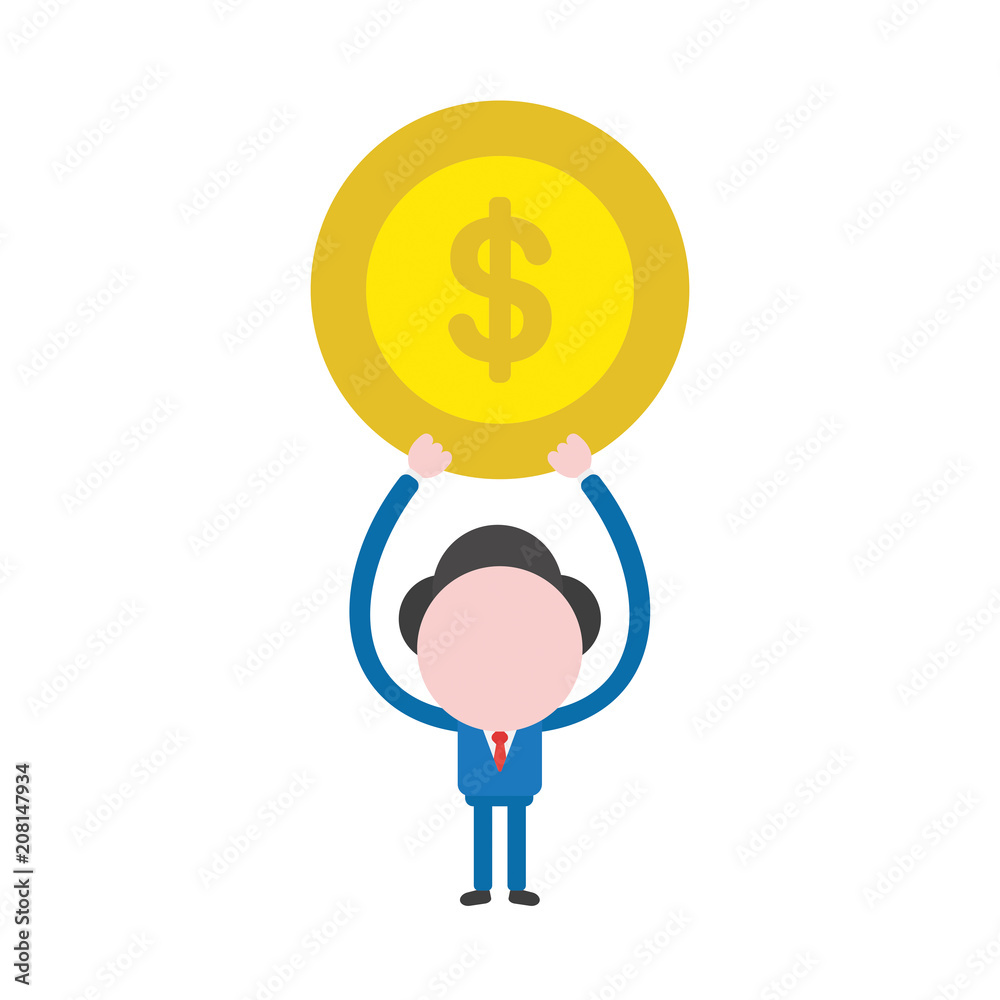 Vector illustration businessman character holding up dollar money coin Vector illustration businessman character holding up dollar money coin