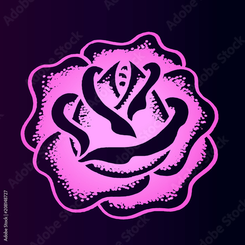 Pink gradient of rose neon on blue background, close-up. Old school tattoo