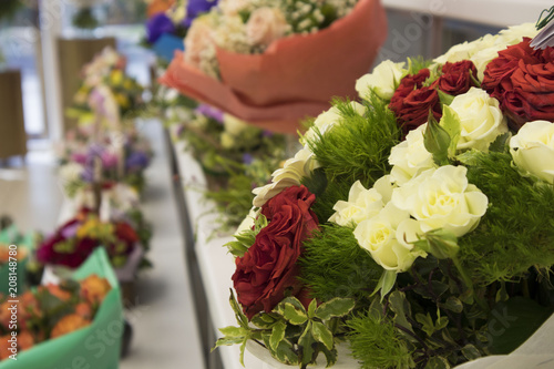 View of a colorful bouquets in the flower shop. Shallow depth of field