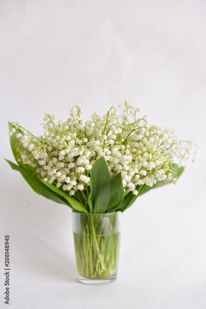 bouquet lily-of-the-valley stands on isolated background in mug with water bouquet lily-of-the-valley stands on isolated background in mug with water