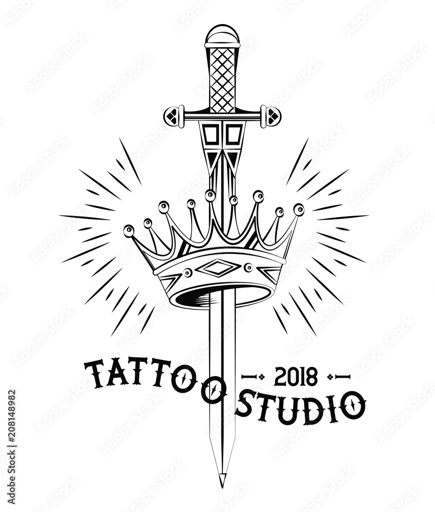 Old school tattoo sword and crown drawing design vector illustration graphic