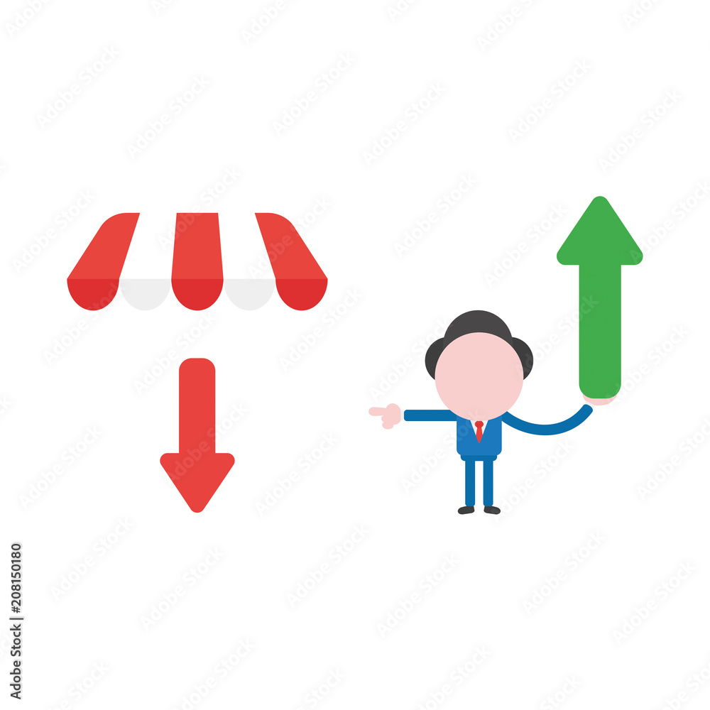 Vector illustration businessman character holding arrow moving up and pointing arrow moving down under shop store awning Vector illustration businessman character holding arrow moving up and pointing arrow moving down under shop store awning