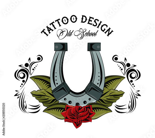 Old school tattoo with horseshoe drawing design vector illustration graphic