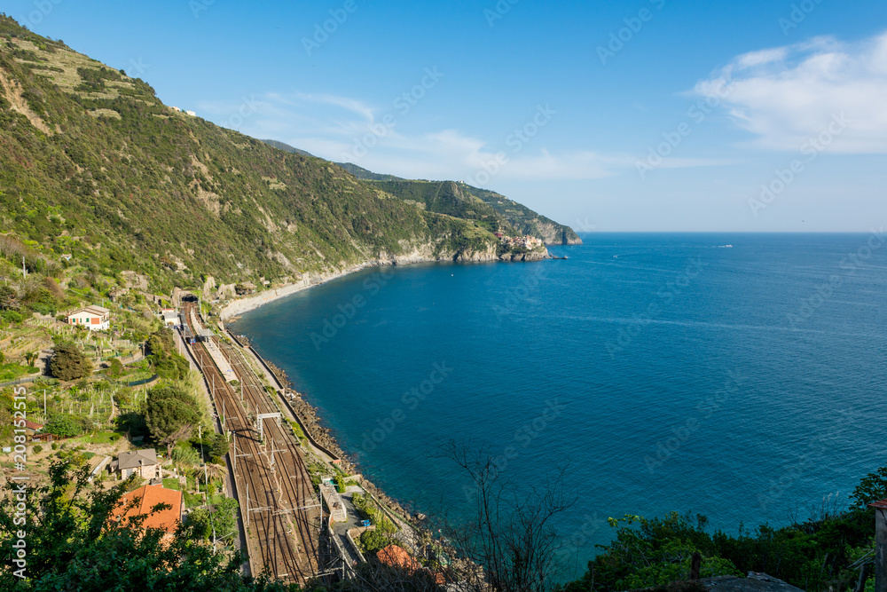 Railroad following a coastline.