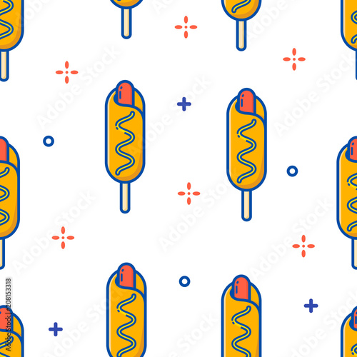 Fast food pattern with corn dog on white background. Thin line flat design. Vector.