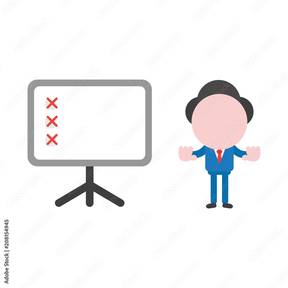 Vector illustration businessman character showing hand stop sign with presentation chart and x marks Vector illustration businessman character showing hand stop sign with presentation chart and x marks