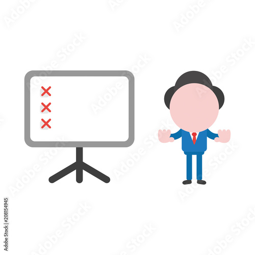Vector illustration businessman character showing hand stop sign with presentation chart and x marks
