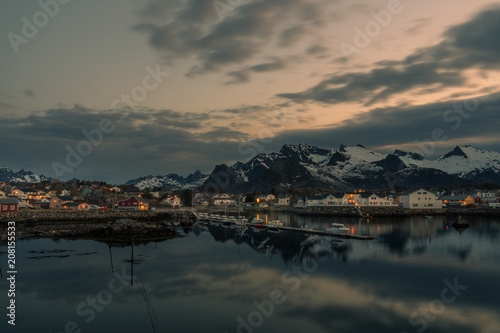 The fishing harbor of Kabelvag at Lofoten Islands   Norway at sunset